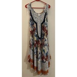 Seven Islands Medium Floral Sleeveless Sun Dress Tie Straps Boho Cottage Rayon